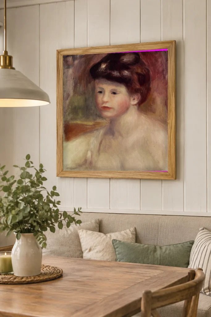 Framed print of Buste of a Young Woman hanging on a wall in a furnished room