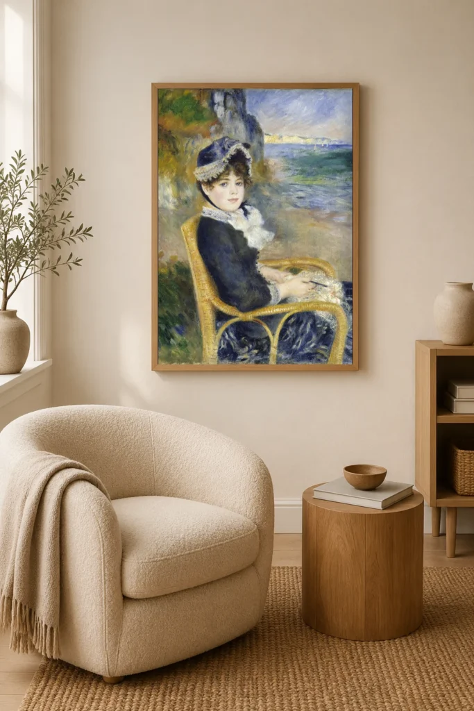 Framed print of By the Seashore hanging on a wall in a furnished room