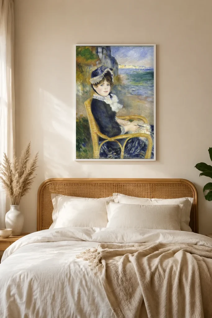 Framed print of By the Seashore hanging on a wall in a furnished room