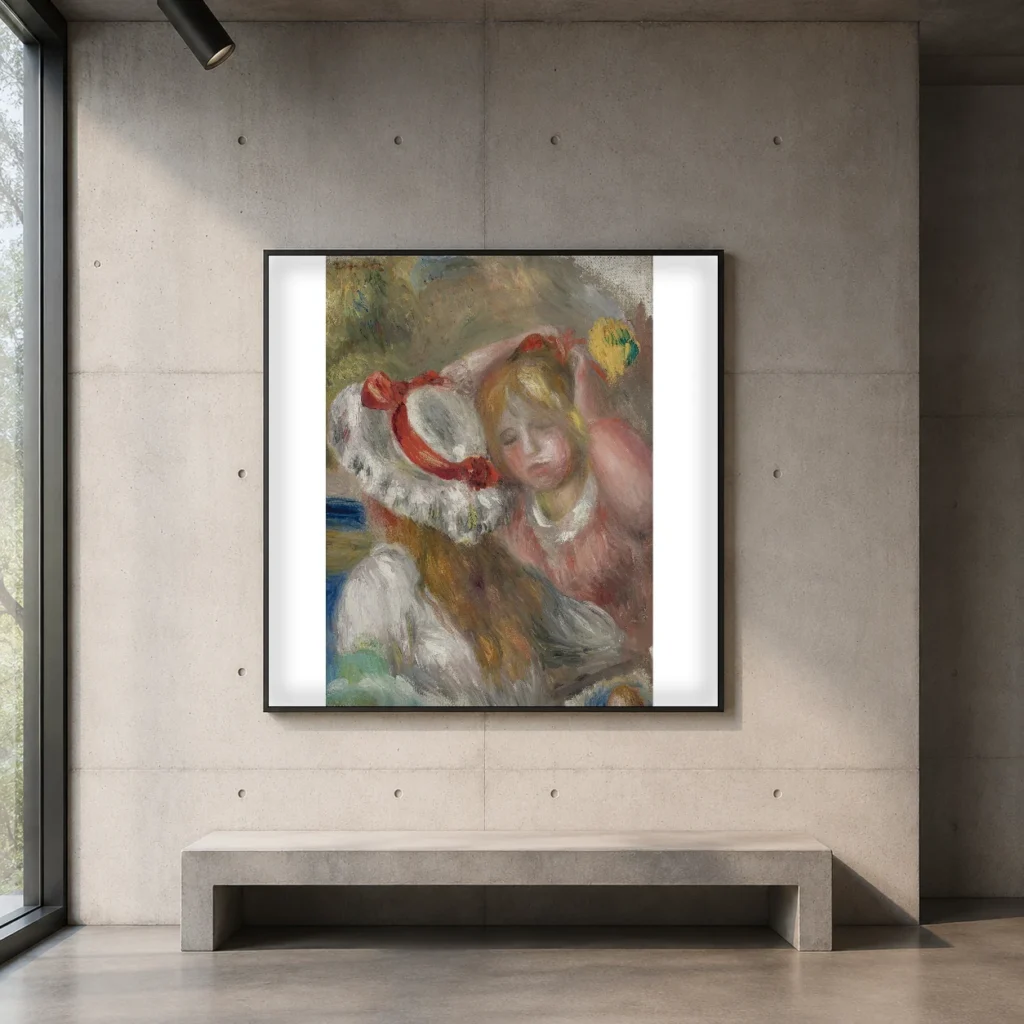Framed print of Hat with Red Ribbon, Seen from Behind hanging on a wall in a furnished room