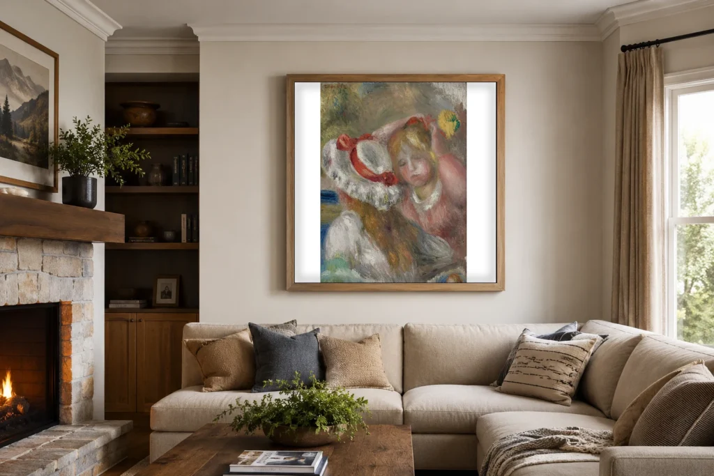 Framed print of Hat with Red Ribbon, Seen from Behind hanging on a wall in a furnished room