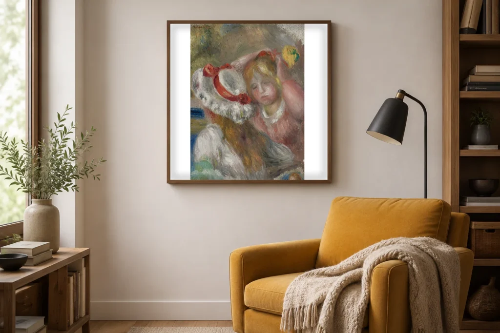 Framed print of Hat with Red Ribbon, Seen from Behind hanging on a wall in a furnished room