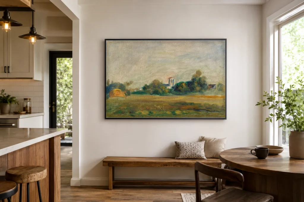 Framed print of Belfry of Essoyes hanging on a wall in a furnished room