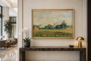 Framed print of Belfry of Essoyes hanging on a wall in a furnished room