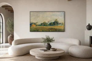 Framed print of Belfry of Essoyes hanging on a wall in a furnished room