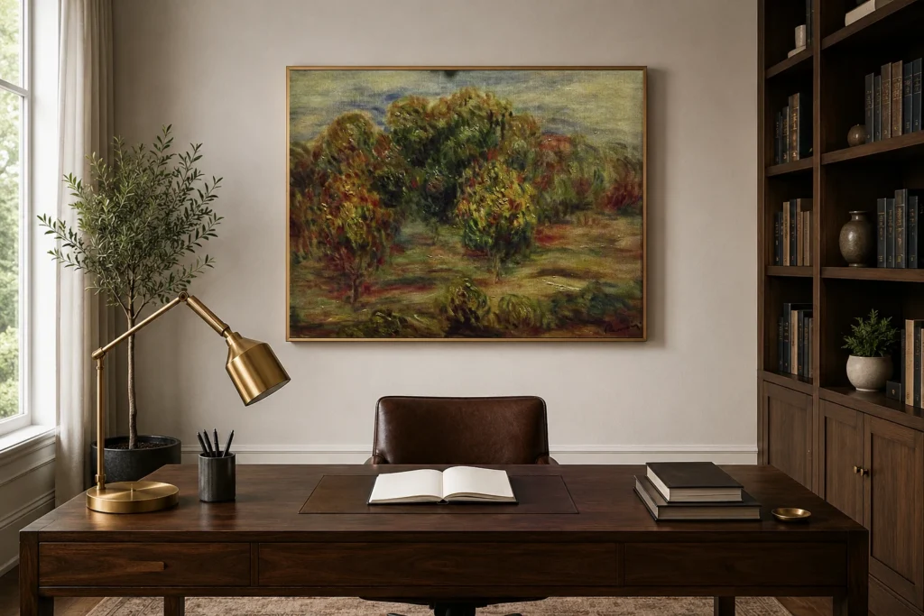 Framed print of Cagnes Landscape hanging on a wall in a furnished room