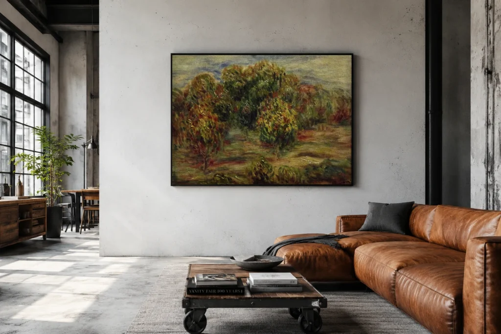 Framed print of Cagnes Landscape hanging on a wall in a furnished room