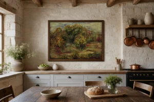 Framed print of Cagnes Landscape hanging on a wall in a furnished room