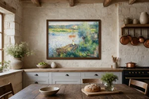 Framed print of Boating at Bougival hanging on a wall in a furnished room