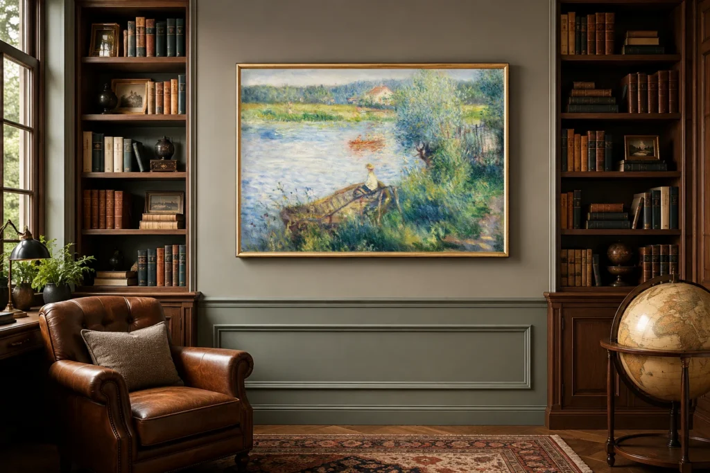 Framed print of Boating at Bougival hanging on a wall in a furnished room