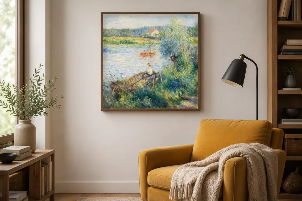 Framed print of Boating at Bougival hanging on a wall in a furnished room