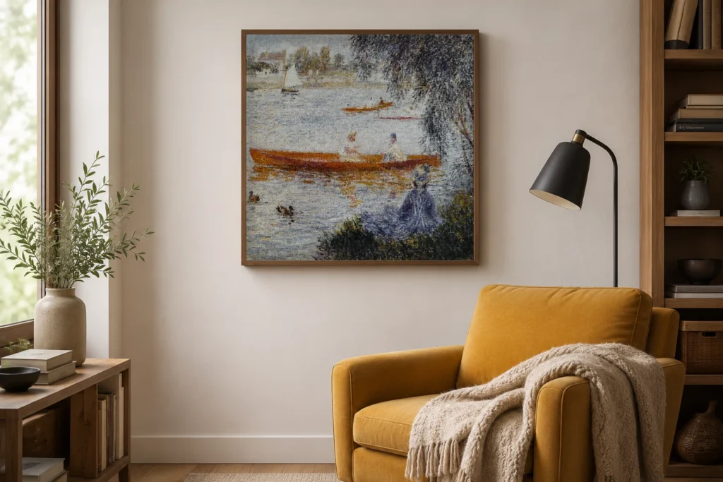 Framed print of Boatmen at Argenteuil hanging on a wall in a furnished room