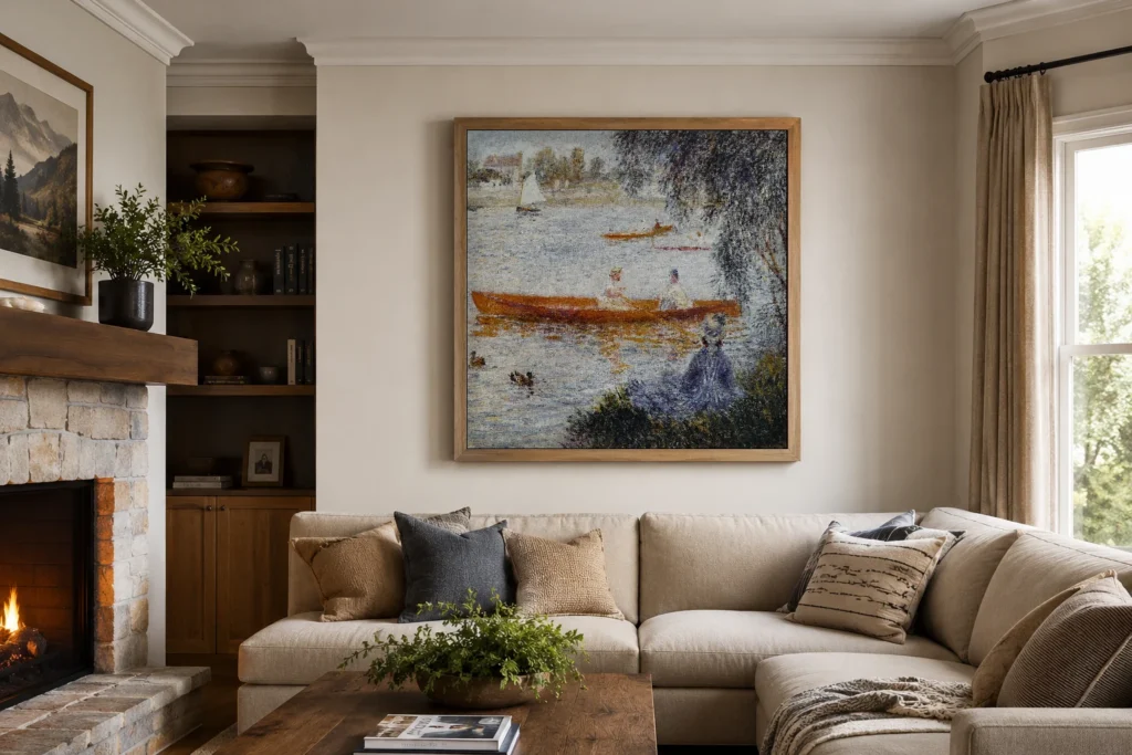 Framed print of Boatmen at Argenteuil hanging on a wall in a furnished room