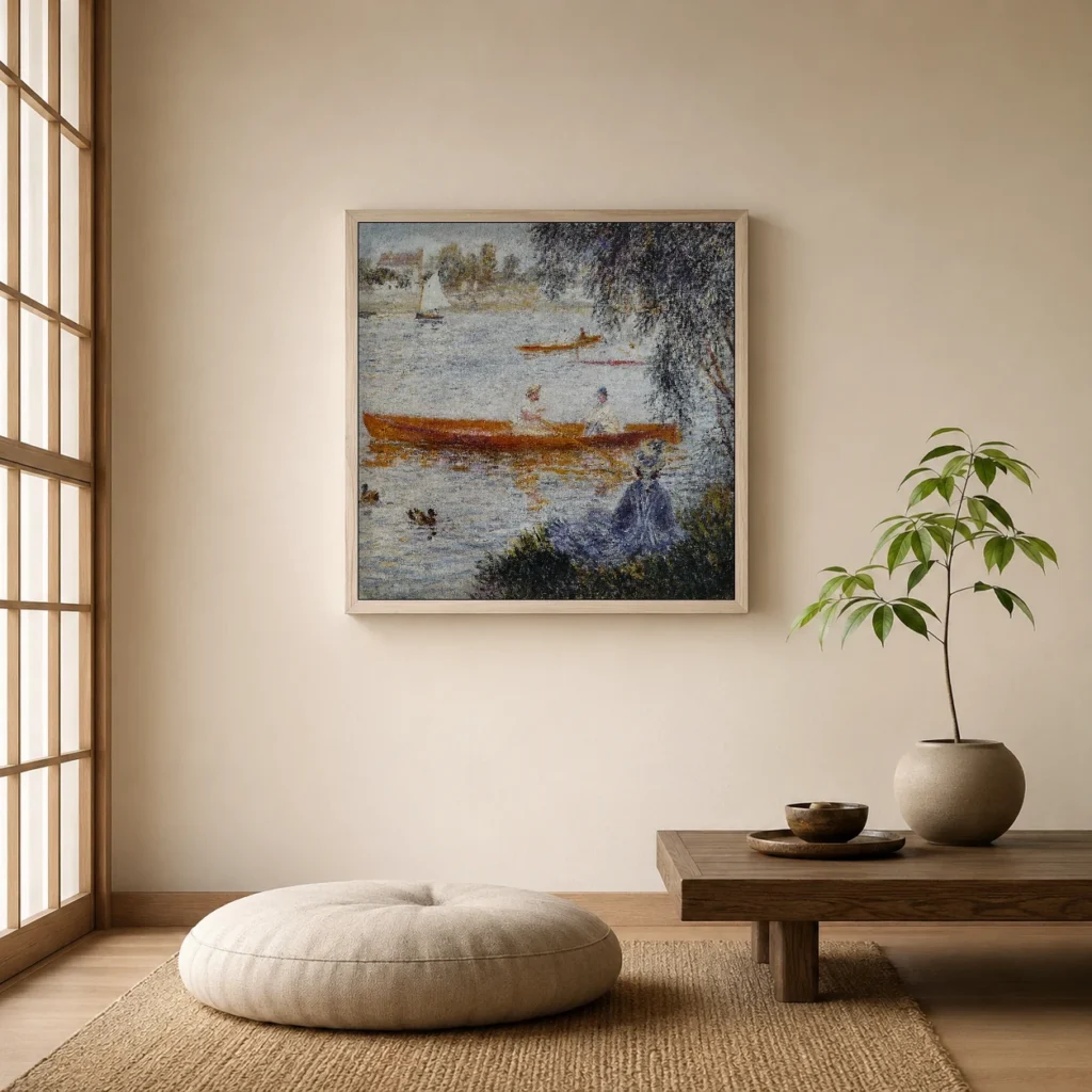 Framed print of Boatmen at Argenteuil hanging on a wall in a furnished room