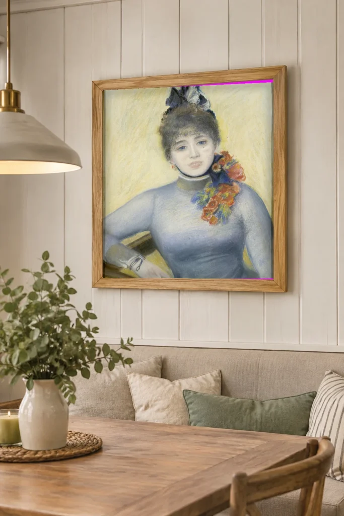 Framed print of Caroline Rémy (Madame Séverine) hanging on a wall in a furnished room