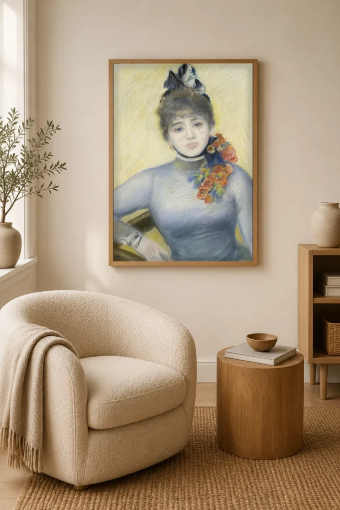 Framed print of Caroline Rémy (Madame Séverine) hanging on a wall in a furnished room