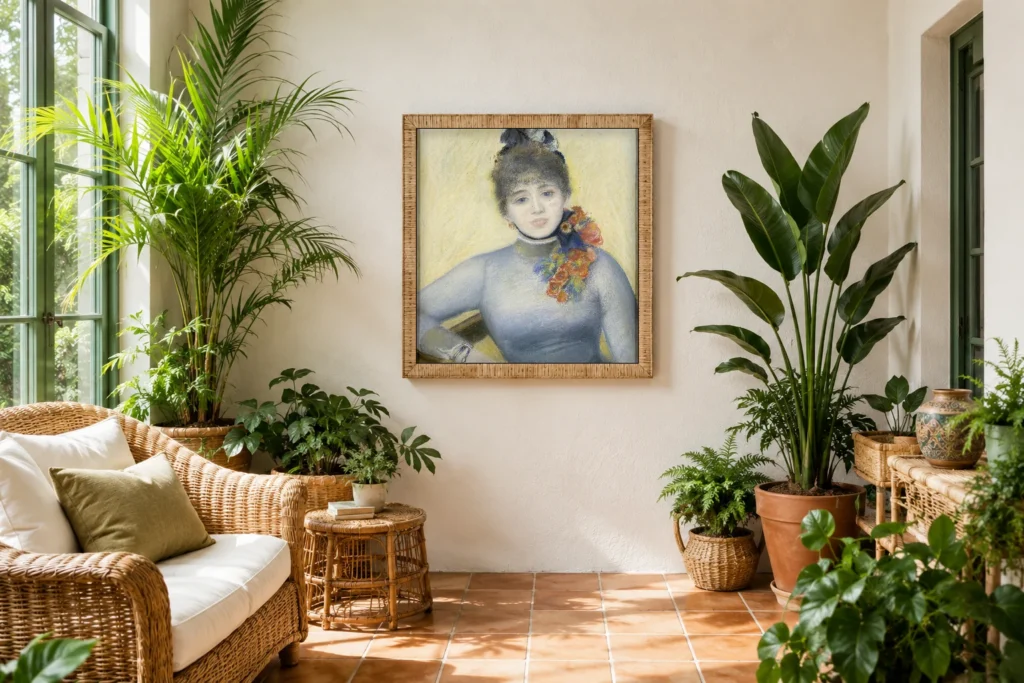 Framed print of Caroline Rémy (Madame Séverine) hanging on a wall in a furnished room