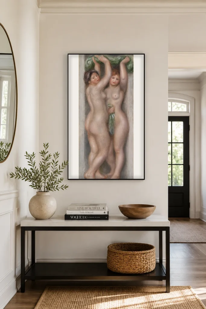 Framed print of Caryatids (Cariatides); also called Deux baigneuses (panneau décoratif) hanging on a wall in a furnished room