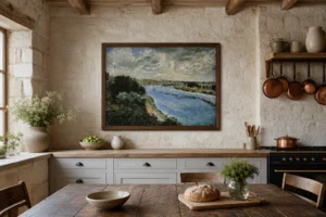 Framed print of Barges on the Seine hanging on a wall in a furnished room