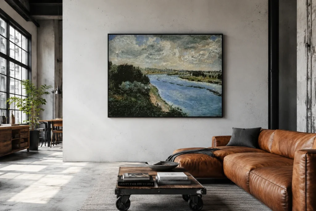 Framed print of Barges on the Seine hanging on a wall in a furnished room