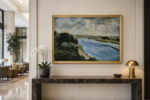 Framed print of Barges on the Seine hanging on a wall in a furnished room