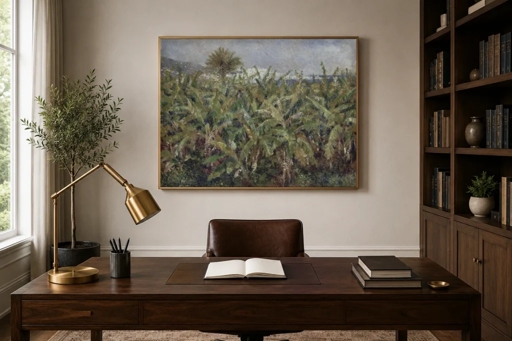Framed print of Champ de bananiers hanging on a wall in a furnished room