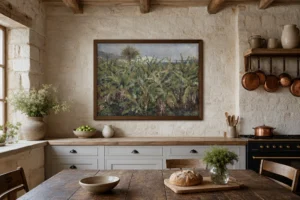 Framed print of Champ de bananiers hanging on a wall in a furnished room