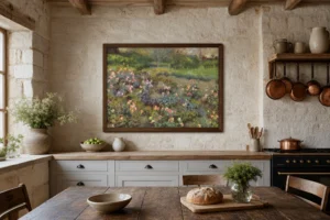 Framed print of Field of Roses hanging on a wall in a furnished room