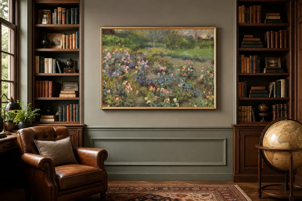 Framed print of Field of Roses hanging on a wall in a furnished room