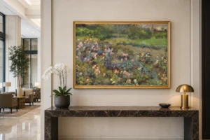 Framed print of Field of Roses hanging on a wall in a furnished room