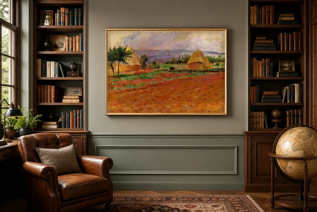 Framed print of Field and Haystacks hanging on a wall in a furnished room