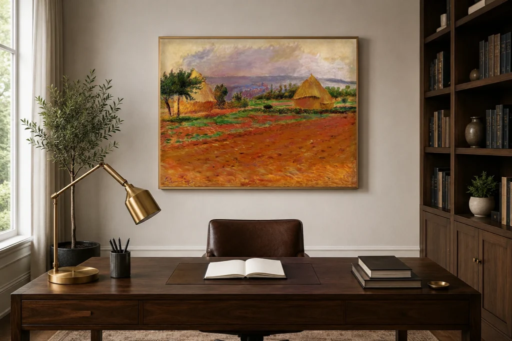Framed print of Field and Haystacks hanging on a wall in a furnished room