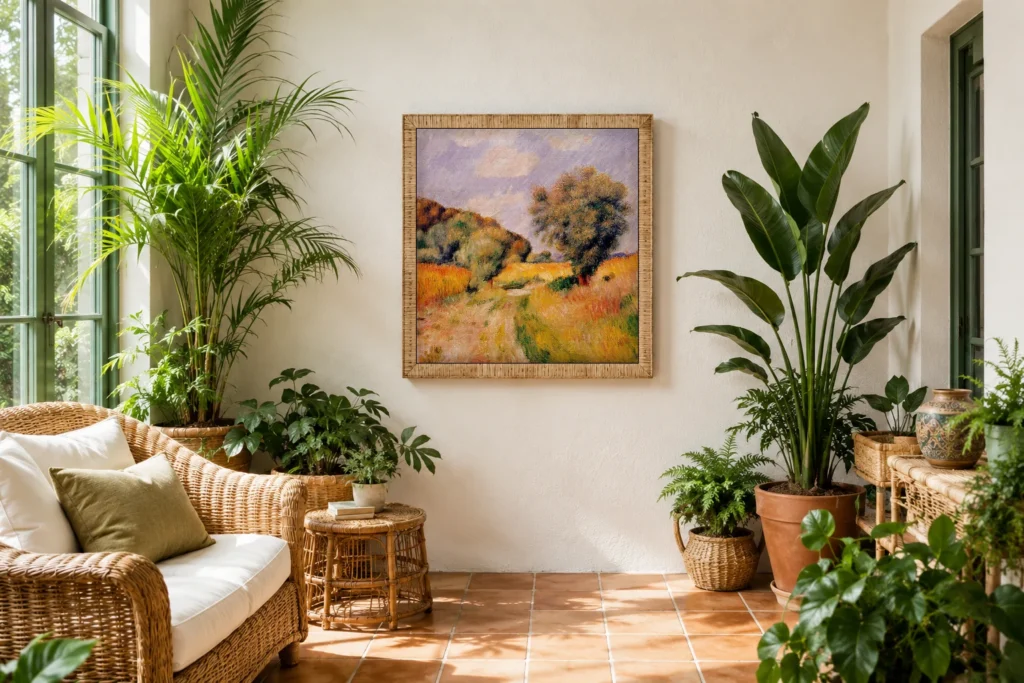 Framed print of Wheat Fields hanging on a wall in a furnished room