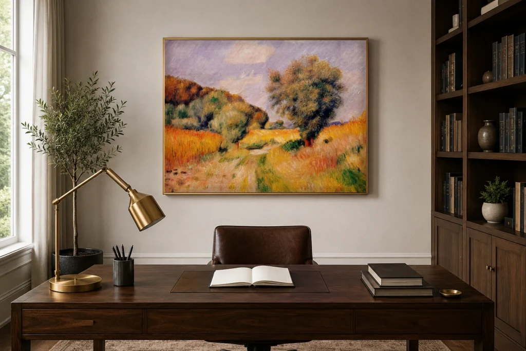 Framed print of Wheat Fields hanging on a wall in a furnished room