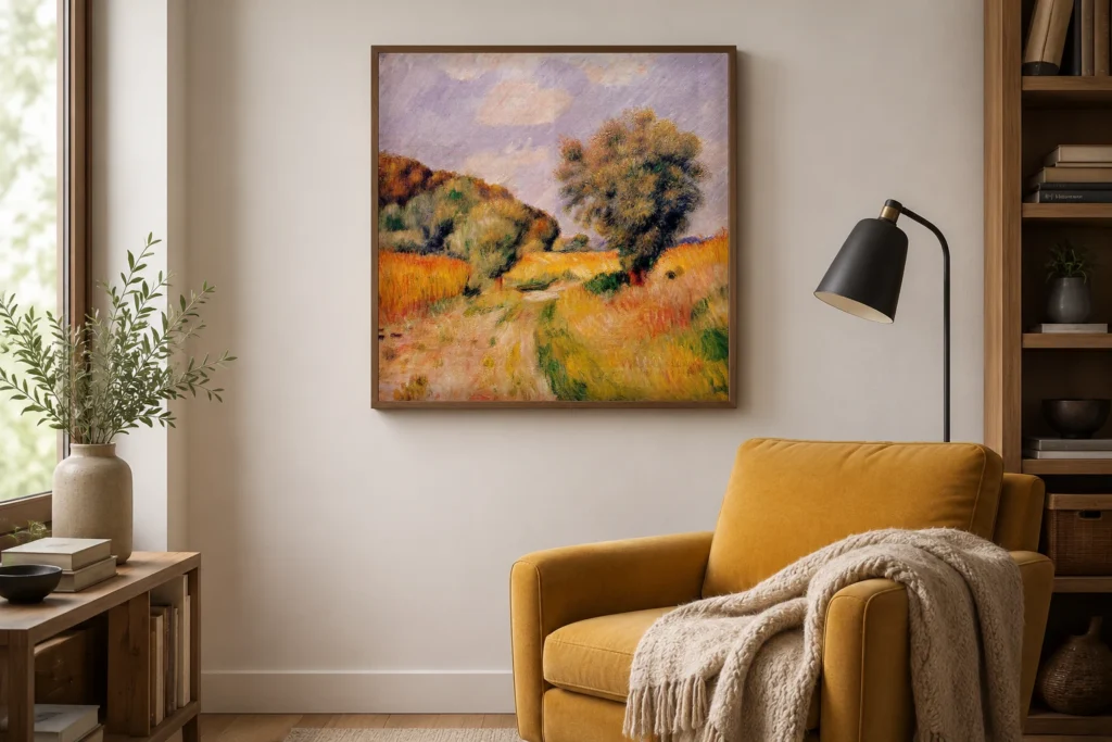 Framed print of Wheat Fields hanging on a wall in a furnished room