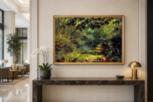 Framed print of Forest Path hanging on a wall in a furnished room