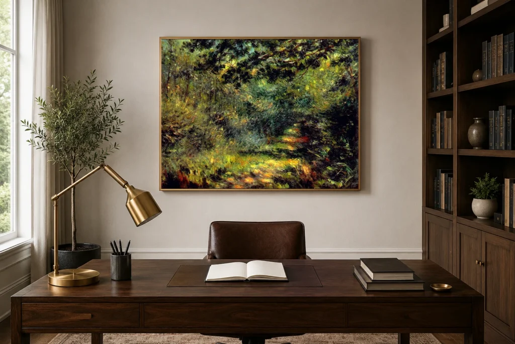 Framed print of Forest Path hanging on a wall in a furnished room