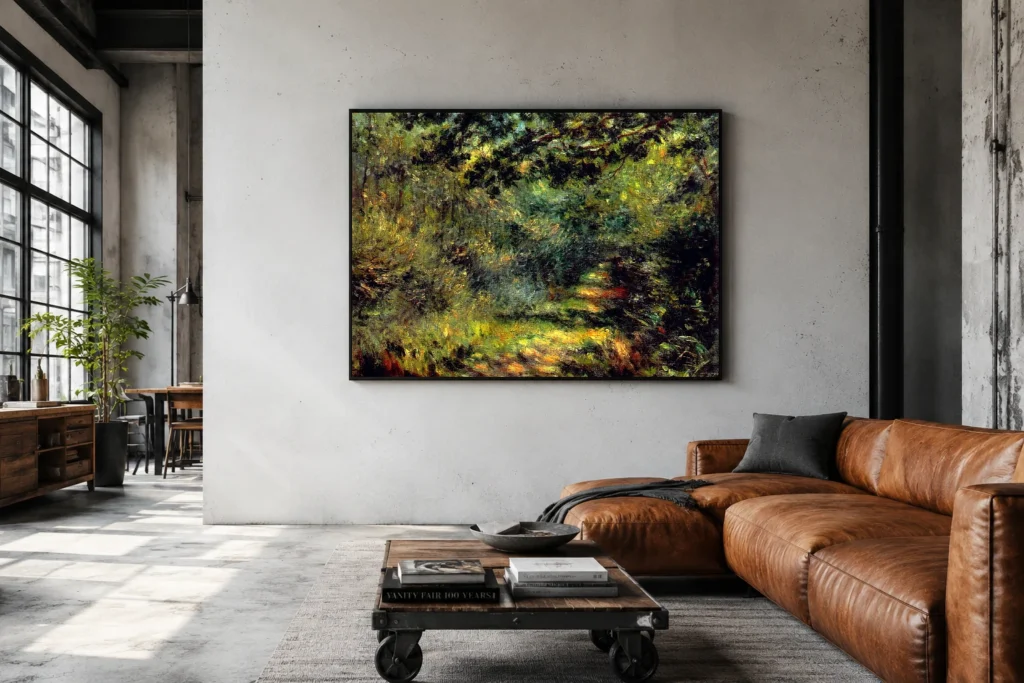 Framed print of Forest Path hanging on a wall in a furnished room