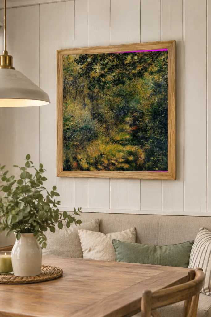 Framed print of Path Through Woods hanging on a wall in a furnished room