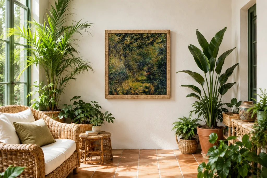 Framed print of Path Through Woods hanging on a wall in a furnished room