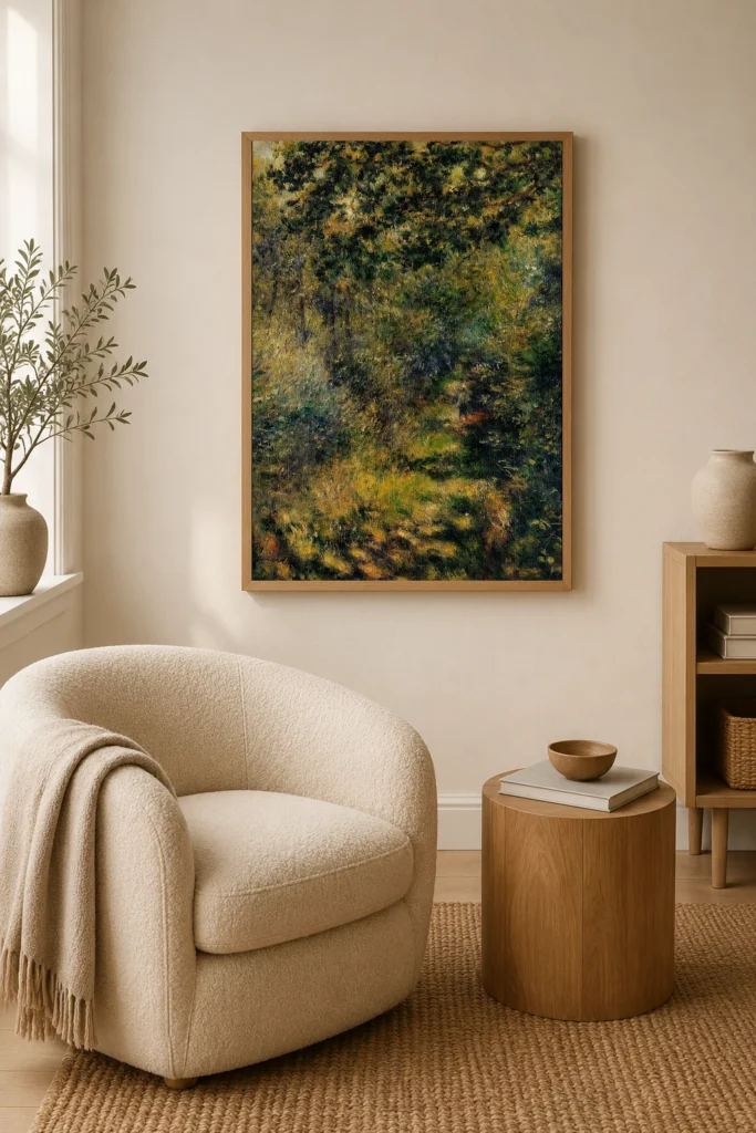 Framed print of Path Through Woods hanging on a wall in a furnished room
