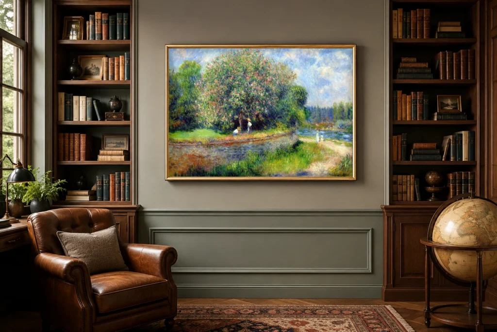 Framed print of Chestnut in Blossom hanging on a wall in a furnished room
