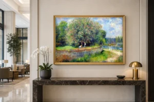 Framed print of Chestnut in Blossom hanging on a wall in a furnished room
