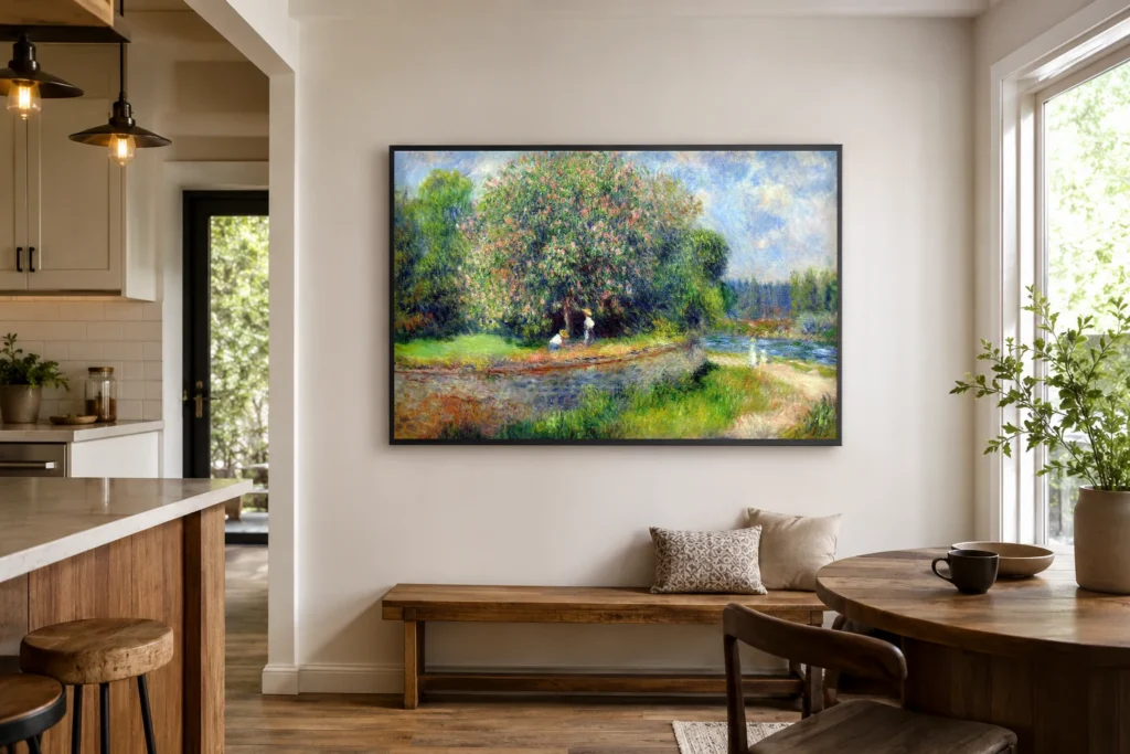 Framed print of Chestnut in Blossom hanging on a wall in a furnished room