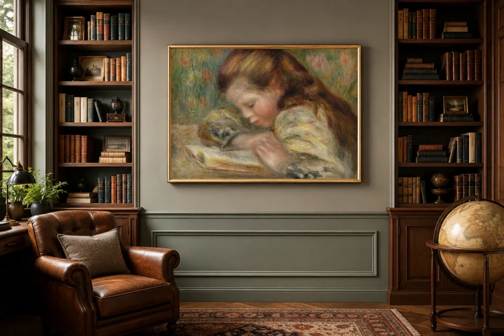 Framed print of Child Reading (Enfant lisant) hanging on a wall in a furnished room