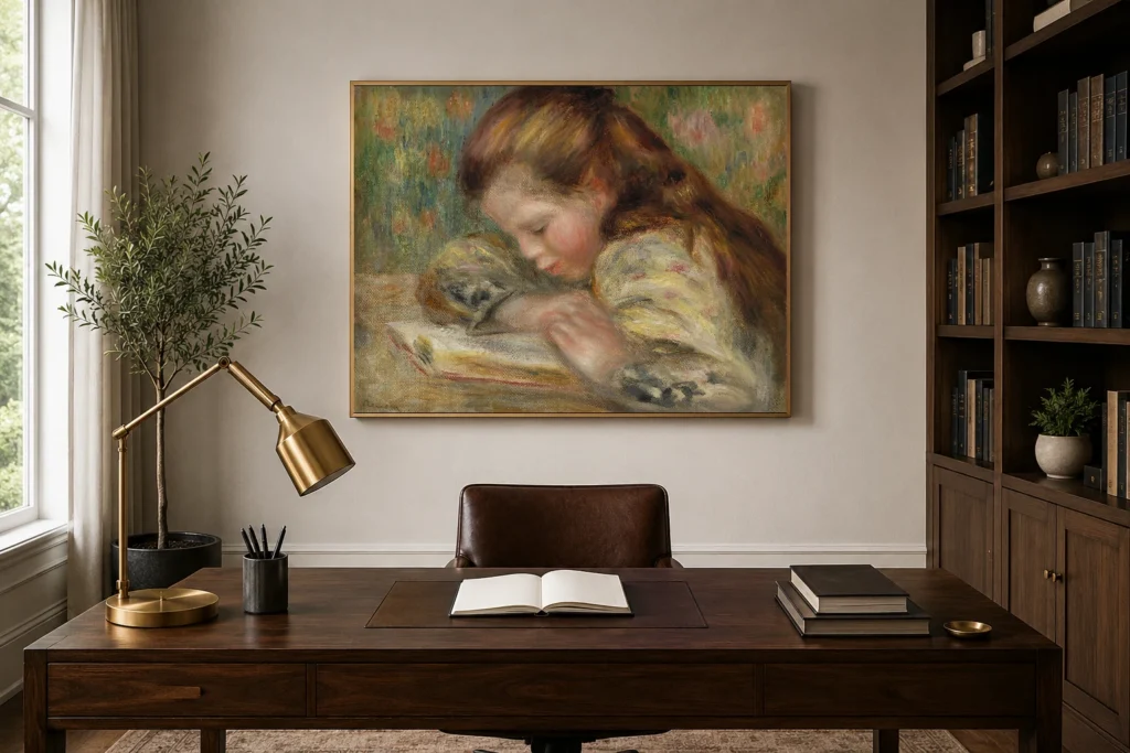 Framed print of Child Reading (Enfant lisant) hanging on a wall in a furnished room