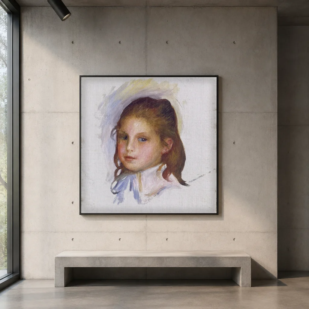 Framed print of Child with Brown Hair hanging on a wall in a furnished room