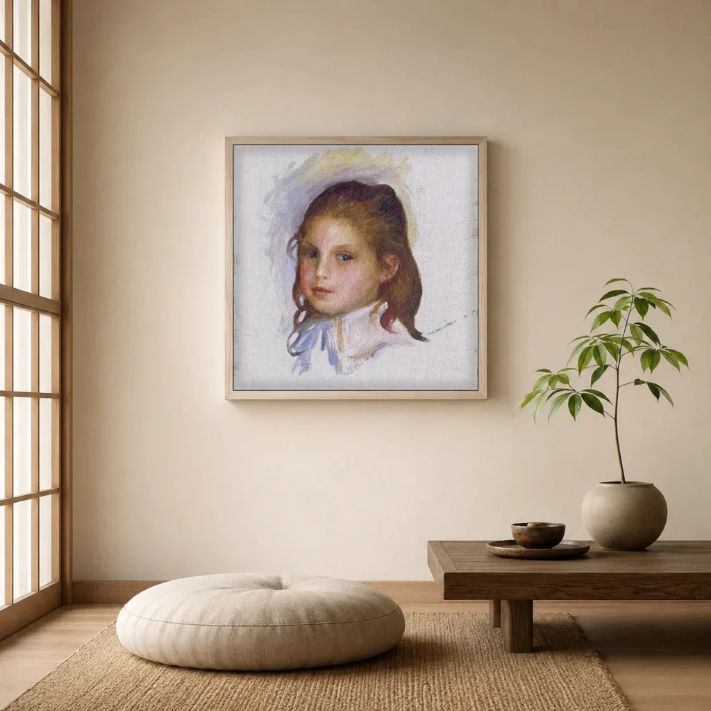 Framed print of Child with Brown Hair hanging on a wall in a furnished room