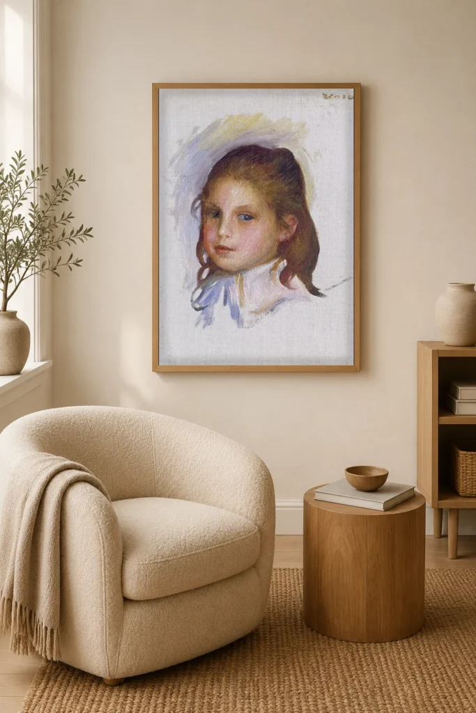 Framed print of Child with Brown Hair hanging on a wall in a furnished room