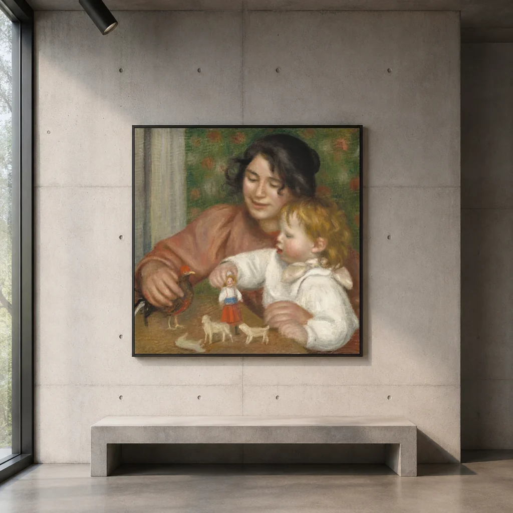 Framed print of Child with Toys – Gabrielle and the Artist’s Son, Jean hanging on a wall in a furnished room